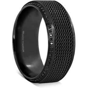 Mens Steel Chain Black Titanium Round Black Diamonds Wedding Ring - Polished Beveled Edges Comfort Fit - 10mm Wide - Style name: KNIGHT