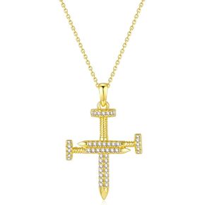 Nail Cross Pendant Necklace 14K Gold Plated Chain Necklace With Cubic Zirconia Christian Jewelry Gifts for Men Women