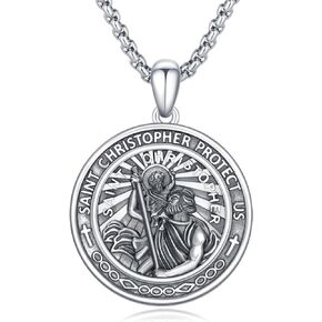 St Christopher Necklace Mens Sterling Silver St Christopher Pendant Patron Saint of Travelers Religious Necklace Men's Jewelry Gifts for Men Women