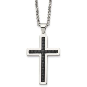 The Black Bow Stainless Steel & Black Genuine Leather Inlay Cross Necklace, 20 Inch