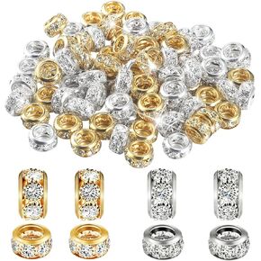 MTLEE 80 Pieces Large Hole Rhinestone Beads 10 mm Crystal Pave Spacer Beads Rhinestone Pave European Rochell for Jewelry Making Bracelet(KC Gold, Silver)