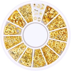1 Box Mixed Gold Nail Charms Set Gold Nail Studs Gems Sparkling Rhinestones Metal Rivets Charms Hollow Moon Star Hearts Shaped Artificial Pearls DIY 3D Nail Art Decoration Rhinestones and Charms