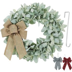 18inch Flocked Lambs Ear Wreath,Wreaths for Front Door, Spring Wreath, Full Year with 3 Bows Door Hanging Wreath Home Porch Farmhouse Wall Window Patio Garden Decoration (Green)