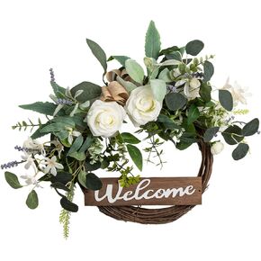 Front Door Wreath with Welcome Artificial Eucalyptus Christmas Wreath 24 Inch Halloween Wreaths for Front Door Fall Wreath for Christmas Party Décor, Welcome Wreaths for All Seasons in Kuwait
