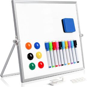 GEAoffice Small Dry Erase White Board, 16in x 12in Desktop Whiteboard with Stand, 10 Markers, 6 Magnets, 1 Eraser, Wall Hanger, Portable Double-Sided Whiteboard for Desk Memo to-do List in Kuwait