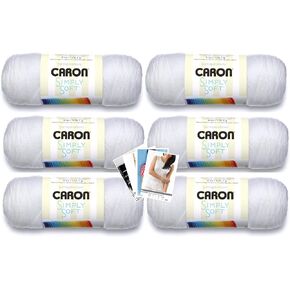 Caron Simply Soft Yarn - 6 Pack Bundle with Pattern Cards in Color (White)