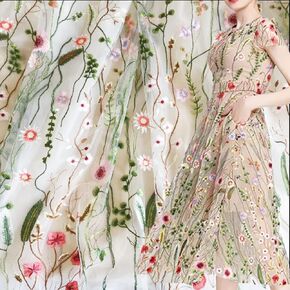 Lace Fabric, Length 71.6" Width 59" 2Yard Colorful Floral White Lace Fabric by The Yard for Dresses, Flower Elegant Sewing Lace Fabric for DIY Dress Sewing Wedding
