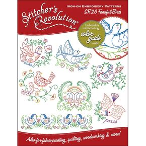 Stitcher's Revolution Aunt Martha's Fanciful Birds Iron-On Transfer Pattern for Embroidery, by The Yard, Multicolored
