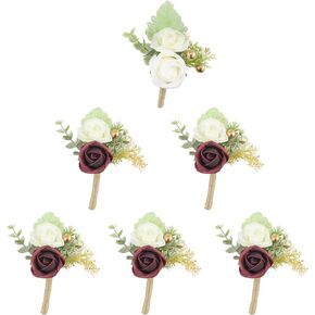 Meldel Wedding Boutonniere for Men, Set of 6, Artificial Foam White Flowers Boutonniere for Groom Groomsman, Corsage Perfect for Wedding Engagement Ceremony Anniversary Formal Dinner Party Decoration