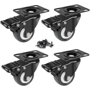 Swivel Plate Caster Wheels 2 Inch, Set of 4, Heavy Duty Industrial Casters with Brake, No Noise Locking Casters with Polyurethane (PU) Wheels, Castors