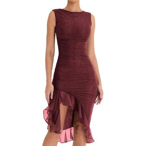 Women Sleeveless Ruffle Hem Midi Bodycon Dress Y2K Vintage Tulle Tank Dress 2023 Party Cocktail Dresses