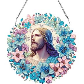 F-CANLAN Jesus Bless Diamond Painting Hanging Pendant Set Special Shaped Diamond Dots Art Acrylic Ornaments God Jesus Diamond Painting Pendant for Adult Beginner Wall Window Decor（7.67X7.67 inches）