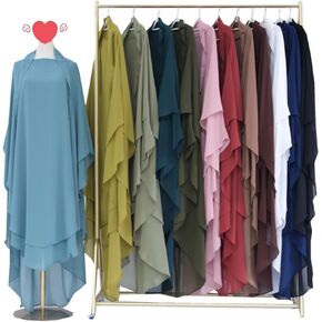 Women's Elegant Muslim 2 Layer Chiffon Long Khimar Ramadan Soft Lightweight Abaya Jilbab Eid Prayer Garment Wrap Hijab