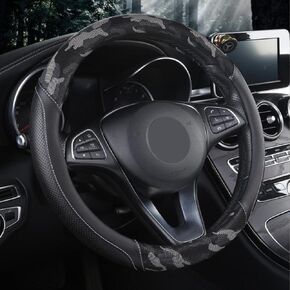 Camo Steering Wheel Cover for Women Men Anti-Slip Breathable Odorless Car Accessories 15 Inch Universal Comfy Grip (Black)