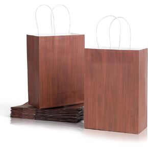 SHIQIKEJIPTY 12 Pack Bulk Gift Bags Party Bag Brown Kraft Paper Bags with Handles 5.9"X 3.1"X 8.3" Wood Grain Party Supplies Baby Candy Bag Paper for Birthday Party Wedding (Dark brown wood grain)