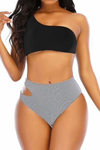 بيكيني نسائي عالي الخصر بكتف واحد، ملابس سباحة مثيرة للتحكم في البطن، قطعتين من قطعتين in Kuwait