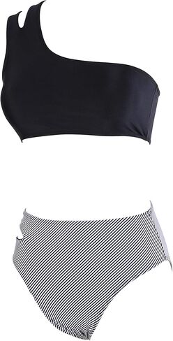 بيكيني نسائي عالي الخصر بكتف واحد، ملابس سباحة مثيرة للتحكم في البطن، قطعتين من قطعتين in Kuwait