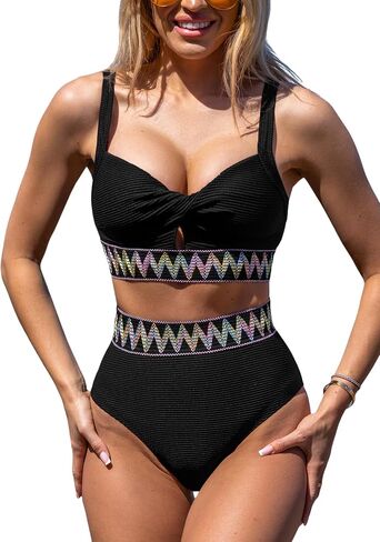 CUPSHE Women's Bikini Sets Two Piece Bathing Suit High Waisted V Neck Front Keyhole Twist Adjustable Straps in Saudi Arabia