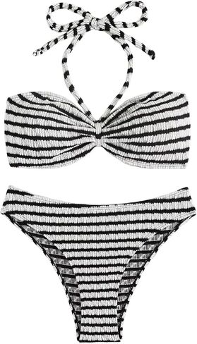 Women's Striped Halter Bathing Suit Colorblock High Waisted Swimsuit Bikini Set in Saudi Arabia