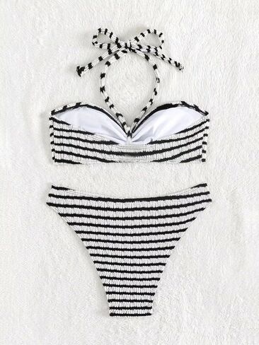 Women's Striped Halter Bathing Suit Colorblock High Waisted Swimsuit Bikini Set in Saudi Arabia