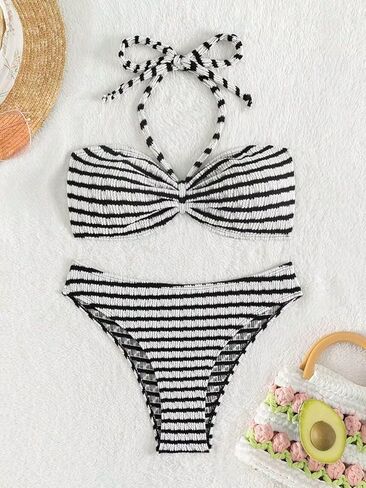 Women's Striped Halter Bathing Suit Colorblock High Waisted Swimsuit Bikini Set in Saudi Arabia