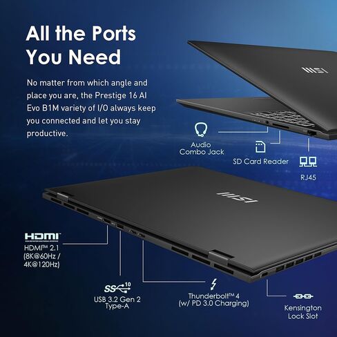 كمبيوتر محمول MSI Prestige 16 AI Evo: Intel Ultra 7-155H، شاشة 16 بوصة UHD+ OLED، 32 جيجابايت DDR5، 2 تيرابايت NVMe SSD، HDMI، قارئ بطاقة SD، Win 11 Pro: Stellar Gray B1MG-020US in Saudi Arabia