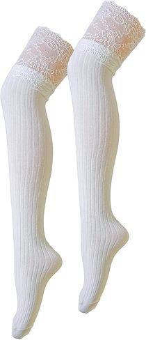 جوارب نسائية ناعمة عالية للركبة بلون سادة مخططة من الدانتيل فوق الركبة جوارب قطنية للنساء in Kuwait