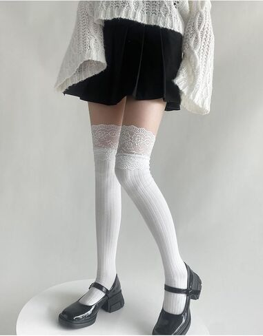 جوارب نسائية ناعمة عالية للركبة بلون سادة مخططة من الدانتيل فوق الركبة جوارب قطنية للنساء in Kuwait