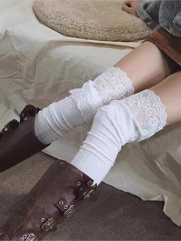 جوارب نسائية ناعمة عالية للركبة بلون سادة مخططة من الدانتيل فوق الركبة جوارب قطنية للنساء in Kuwait