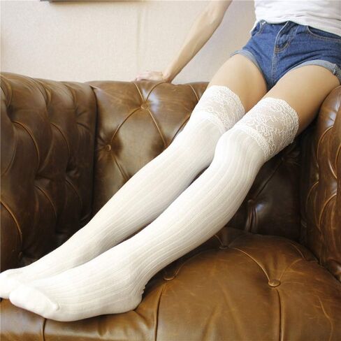 جوارب نسائية ناعمة عالية للركبة بلون سادة مخططة من الدانتيل فوق الركبة جوارب قطنية للنساء in Kuwait