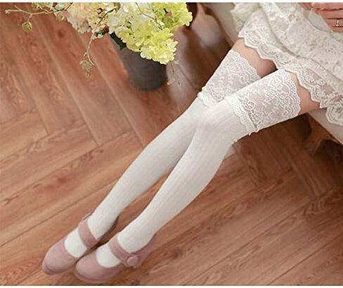 جوارب نسائية ناعمة عالية للركبة بلون سادة مخططة من الدانتيل فوق الركبة جوارب قطنية للنساء in Kuwait