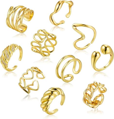 Gold Chunky Rings for Women Girls, 18K Gold Plated Adjustable Knuckle Rings, Knot Wave Twist Heart Open Rings for Teen Girls, Gold Stacking Ring Set Statement Jewelry in Saudi Arabia