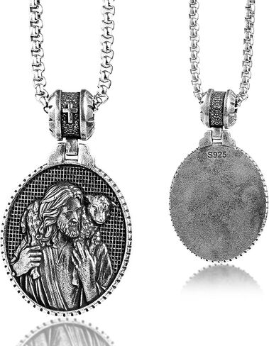 925 Sterling Silver Good Shepherd Jesus Pendant Necklace for Men Women, Jesus and Lamb Necklace Religious Round Jesus Pendant Passover Christmas Gift in Saudi Arabia