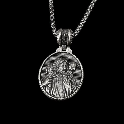 925 Sterling Silver Good Shepherd Jesus Pendant Necklace for Men Women, Jesus and Lamb Necklace Religious Round Jesus Pendant Passover Christmas Gift in Saudi Arabia