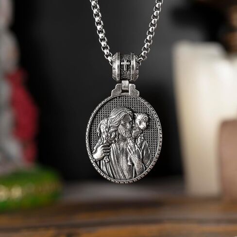 925 Sterling Silver Good Shepherd Jesus Pendant Necklace for Men Women, Jesus and Lamb Necklace Religious Round Jesus Pendant Passover Christmas Gift in Saudi Arabia
