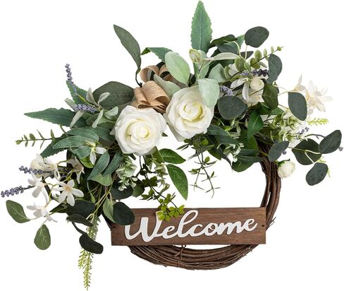 Front Door Wreath with Welcome Artificial Eucalyptus Christmas Wreath 24 Inch Halloween Wreaths for Front Door Fall Wreath for Christmas Party Décor, Welcome Wreaths for All Seasons in Kuwait