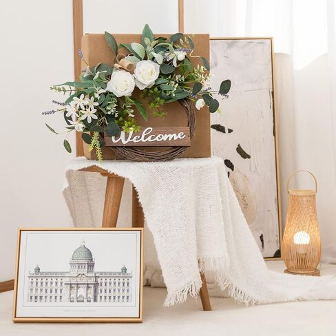 Front Door Wreath with Welcome Artificial Eucalyptus Christmas Wreath 24 Inch Halloween Wreaths for Front Door Fall Wreath for Christmas Party Décor, Welcome Wreaths for All Seasons in Kuwait