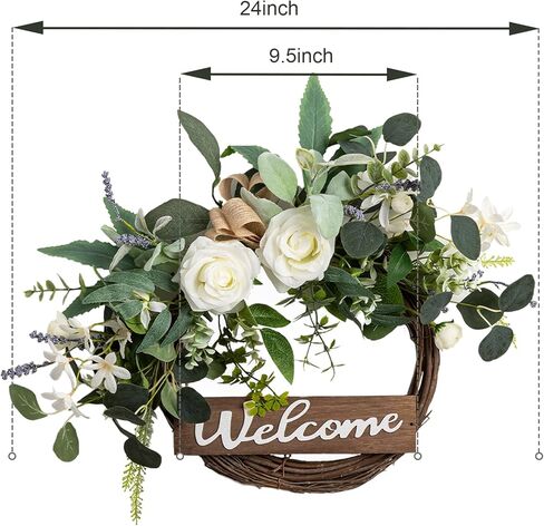 Front Door Wreath with Welcome Artificial Eucalyptus Christmas Wreath 24 Inch Halloween Wreaths for Front Door Fall Wreath for Christmas Party Décor, Welcome Wreaths for All Seasons in Kuwait