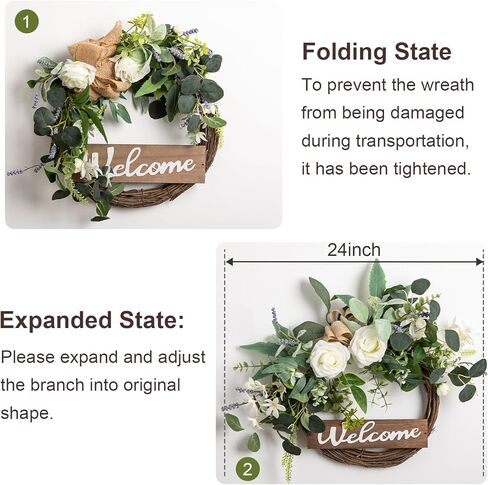 Front Door Wreath with Welcome Artificial Eucalyptus Christmas Wreath 24 Inch Halloween Wreaths for Front Door Fall Wreath for Christmas Party Décor, Welcome Wreaths for All Seasons in Kuwait