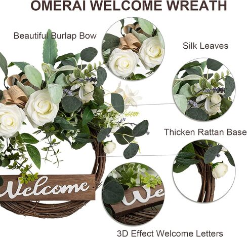 Front Door Wreath with Welcome Artificial Eucalyptus Christmas Wreath 24 Inch Halloween Wreaths for Front Door Fall Wreath for Christmas Party Décor, Welcome Wreaths for All Seasons in Kuwait