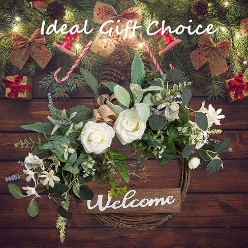 Front Door Wreath with Welcome Artificial Eucalyptus Christmas Wreath 24 Inch Halloween Wreaths for Front Door Fall Wreath for Christmas Party Décor, Welcome Wreaths for All Seasons in Kuwait