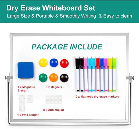 GEAoffice Small Dry Erase White Board, 16in x 12in Desktop Whiteboard with Stand, 10 Markers, 6 Magnets, 1 Eraser, Wall Hanger, Portable Double-Sided Whiteboard for Desk Memo to-do List in Kuwait
