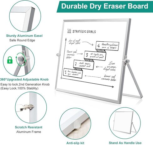 GEAoffice Small Dry Erase White Board, 16in x 12in Desktop Whiteboard with Stand, 10 Markers, 6 Magnets, 1 Eraser, Wall Hanger, Portable Double-Sided Whiteboard for Desk Memo to-do List in Kuwait