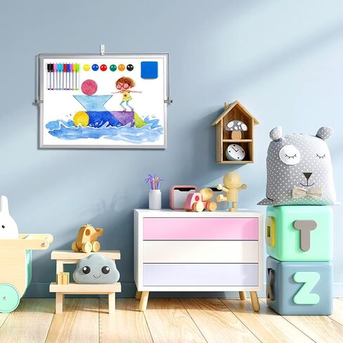 GEAoffice Small Dry Erase White Board, 16in x 12in Desktop Whiteboard with Stand, 10 Markers, 6 Magnets, 1 Eraser, Wall Hanger, Portable Double-Sided Whiteboard for Desk Memo to-do List in Kuwait