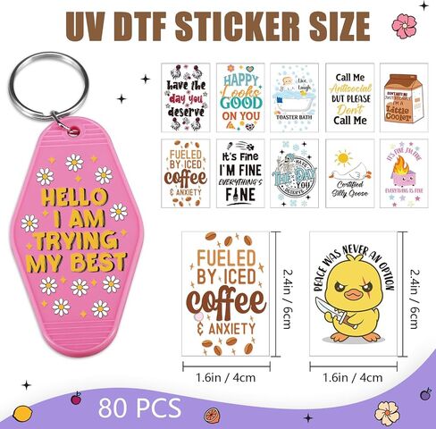 ملصقات تغليف UV DTF - 80 ورقة ملصقات DTF مضحكة للأشعة فوق البنفسجية لسلسلة مفاتيح الفندق، ملصقات نقل UVDTF مرحة مقاومة للماء للأشعة فوق البنفسجية لسلسلة مفاتيح الفندق in Kuwait