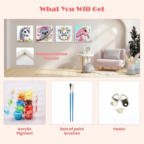 MISCER 4 Pack Animals Paint by Numbers for Kids Adults, Cartoon Paint by Number Kits for Kids, DIY Animals Oil Painting Suitable for Home Decoration (8x8inch) in Saudi Arabia