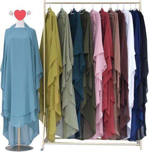 Women's Elegant Muslim 2 Layer Chiffon Long Khimar Ramadan Soft Lightweight Abaya Jilbab Eid Prayer Garment Wrap Hijab in Saudi Arabia