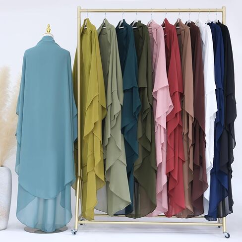 Women's Elegant Muslim 2 Layer Chiffon Long Khimar Ramadan Soft Lightweight Abaya Jilbab Eid Prayer Garment Wrap Hijab in Saudi Arabia