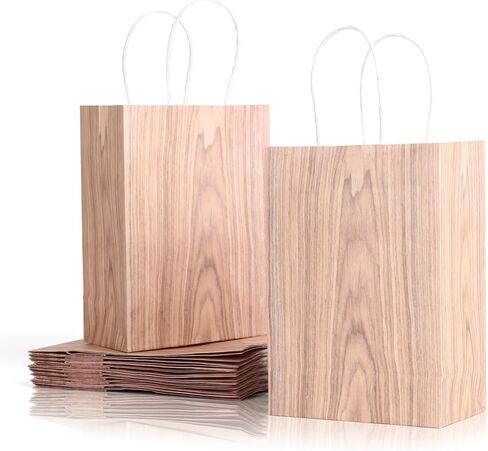 SHIQIKEJIPTY 12 حزمة من أكياس الهدايا السائبة حقيبة الحفلات أكياس ورق كرافت بنية مع مقابض 5.9 بوصة × 3.1 بوصة × 8.3 بوصة لوازم حفلات الخشب الحبوب حقيبة حلوى الطفل الورقية لحفلات أعياد الميلاد وحفلات الزفاف (حبوب الخشب البني الداكن) in Kuwait