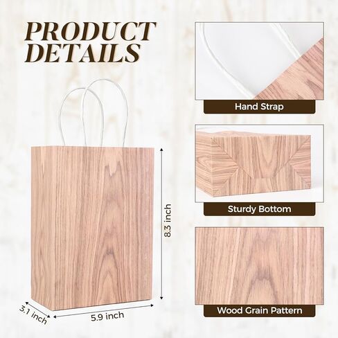 SHIQIKEJIPTY 12 حزمة من أكياس الهدايا السائبة حقيبة الحفلات أكياس ورق كرافت بنية مع مقابض 5.9 بوصة × 3.1 بوصة × 8.3 بوصة لوازم حفلات الخشب الحبوب حقيبة حلوى الطفل الورقية لحفلات أعياد الميلاد وحفلات الزفاف (حبوب الخشب البني الداكن) in Kuwait
